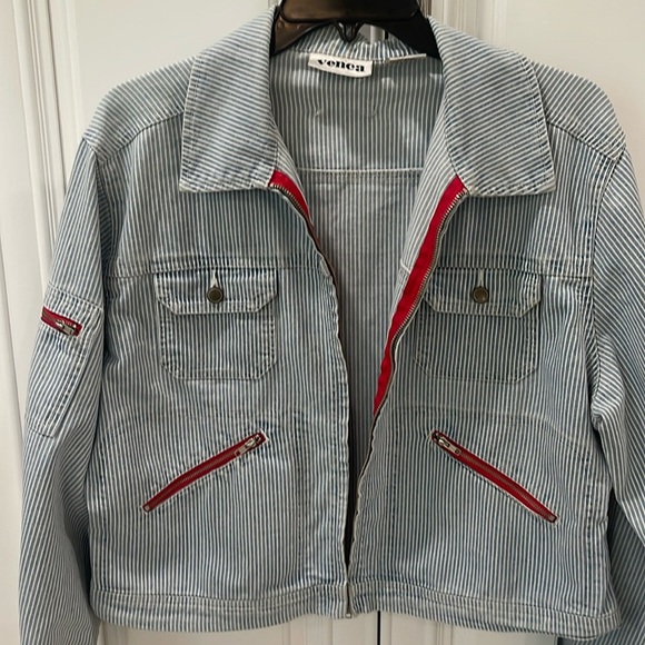 venca Jackets & Blazers - Vintage Venca striped pinstripes blue white red Jean denim jacket size xl